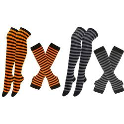 CHENGZI 2 Sets Handschuhe Socken Set Halloween Lustige Strümpfe Streifen Knie Oberschenkel Hohe Socken Armwärmer Fingerlose Handschuhe, Grau+Orange, One size von CHENGZI