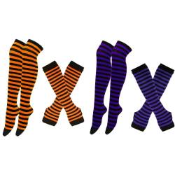CHENGZI 2 Sets Handschuhe Socken Set Halloween Lustige Strümpfe Streifen Knie Oberschenkel Hohe Socken Armwärmer Fingerlose Handschuhe, orange+violett, One size von CHENGZI