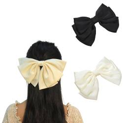 CHENGZI Haarspangen, Pferdeschwanz-Halter, große Haarschleifen für Mädchen, Satin, 3-lagig, Schleifen-Haarnadeln (WH+BK), 2 Stück von CHENGZI