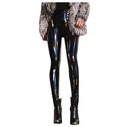 CHENGZI Leggings Damen - Latex Leggings High Waist Lange Leggings Pu Leder Hose Lackleder Leggings Skinny Fit Strumpfhosen Treggings Nass Aussehen Glänzend Jeggings Hosen, Schwarz, L von CHENGZI