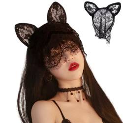 CHENGZI Schwarzes Spitzen-Stirnband mit Schleier und niedlichen Kaninchenohren, Halloween-Party, Kopfbedeckung, Haarschmuck für Frauen und Mädchen von CHENGZI