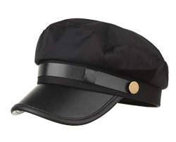 CHENNUO Army Military Cap Damen Schirmmütze Kapitänsmütze PU-Leder Visoren Flache Kappe (Schwarz) von CHENNUO