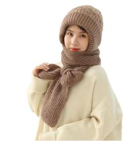 CHENRI Damen Verdickter Warmer Einteiliger Hutschal, 2 in 1 Winterschal Mütze, Integrierter Gehörschutz Winddichte Mütze Schal, Winter Warm Strickmütze, Kapuzenschal für Frauen (1, Khaki, Eine Größe) von CHENRI