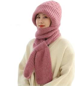 CHENRI Damen Verdickter Warmer Einteiliger Hutschal, 2 in 1 Winterschal Mütze, Integrierter Gehörschutz Winddichte Mütze Schal, Winter Warm Strickmütze, Kapuzenschal für Frauen (1, Rosa, Eine Größe) von CHENRI