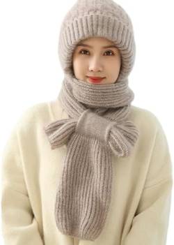 CHENRI Integrated Ear Protection Windproof Cap Scarf, Integrierter Gehörschutz Winddichte Mütze Schal, 2 in 1 Winddichter Schal Hut, Schalmütze Winter Warme Mütze für Damen (Stricken, Beige) von CHENRI