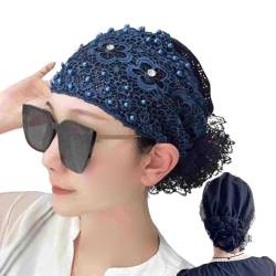 Women's Floral Lace Headwrap, Blumen Spitze Stirnband für Damen, Perlen Kopfschmuck Elegante Spitze Stirnbänder mit Haarnetz Geschenk für Frauen (Blau) von CHENRI