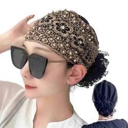 Women's Floral Lace Headwrap, Blumen Spitze Stirnband für Damen, Perlen Kopfschmuck Elegante Spitze Stirnbänder mit Haarnetz Geschenk für Frauen (Kaffee) von CHENRI