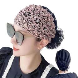 Women's Floral Lace Headwrap, Blumen Spitze Stirnband für Damen, Perlen Kopfschmuck Elegante Spitze Stirnbänder mit Haarnetz Geschenk für Frauen (Rosa) von CHENRI