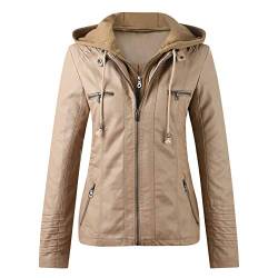 Lederjacke Damen Kunstleder Jacke Damen Lederjacke mit Kapuzen Große Größen Herbst Winter Langarm Motorrad Jacke Winterjacke Slim Fit Hoodie Mantel Streetwear mit Reißverschluss Tasche (Khaki, XL) von CHENSIYU