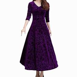 Samtkleid Damen Langarm Elegant V-Ausschnitt Samtkleid Samt Hohe Taille Abendkleid Lang Sexy Partykleid Swing A-Linie Kleid Slim Ballkleid Retro Cocktailkleid Herbst Winter (Purple, XXXL) von CHENSIYU