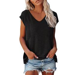 Tshirt Damen Sommer Tops Einfaches Blumendruck T-Shirt Sommerlich Kurzarm Oberteile mit V-Ausschnitt Basic Shirt Pullover Lockere Bequeme Tunika Bluse Shirt Sportshirt Laufshirt (Y2-2-Black, XXL) von CHENSIYU