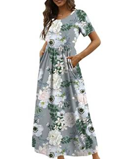 CHERFLY Damen Sommer Maxikleid Casual Elegant Freizeitkleid Kurze Ärmel mit Taschen (Floraler Grauer Lotus,L) von CHERFLY