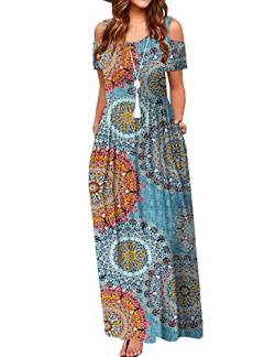 CHERFLY Damen Sommer Maxikleid Casual Schulterfrei Freizeit Strandkleider mit Taschen (Floral Mix Blau,L) von CHERFLY