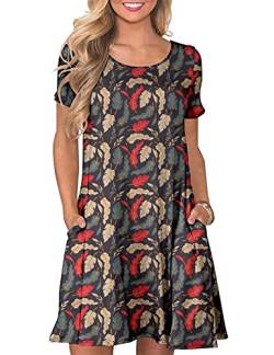 CHERFLY Damen Sommer T-Shirtkleid Casual Freizeitkleid Kurzärmliges Minikleid mit Taschen (Ahornblatt Schwarz,S) von CHERFLY