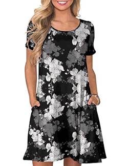 CHERFLY Damen Sommer T-Shirtkleid Casual Freizeitkleid Kurzärmliges Minikleid mit Taschen (Blumen mit Tinte,M) von CHERFLY