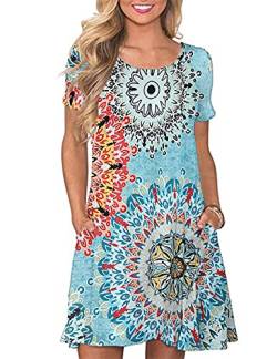 CHERFLY Damen Sommer T-Shirtkleid Casual Freizeitkleid Kurzärmliges Minikleid mit Taschen (Floral Mix Blau,L) von CHERFLY