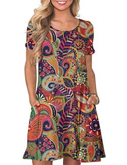 CHERFLY Damen Sommer T-Shirtkleid Casual Freizeitkleid Kurzärmliges Minikleid mit Taschen (Floral Muticolor,M) von CHERFLY