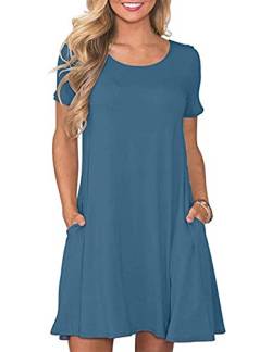 CHERFLY Damen Sommer T-Shirtkleid Casual Freizeitkleid Kurzärmliges Minikleid mit Taschen (Grau Blau,M) von CHERFLY