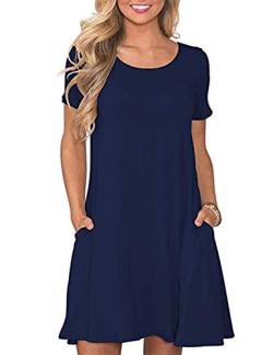 CHERFLY Damen Sommer T-Shirtkleid Casual Freizeitkleid Kurzärmliges Minikleid mit Taschen (Navy Blau,M) von CHERFLY