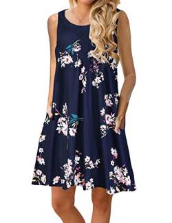 CHERFLY Damen Sommerkleid Casual Kurzes Freizeitkleid Ärmelloses Strandkleid mit Taschen (Blumen auf Schwarzblau,M) von CHERFLY