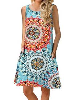 CHERFLY Damen Sommerkleid Casual Kurzes Freizeitkleid Ärmelloses Strandkleid mit Taschen (Floral Mix Blau,XXL) von CHERFLY