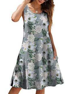 CHERFLY Damen Sommerkleid Casual Kurzes Freizeitkleid Ärmelloses Strandkleid mit Taschen (Floraler Grauer Lotus,S) von CHERFLY