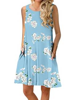 CHERFLY Damen Sommerkleid Casual Kurzes Freizeitkleid Ärmelloses Strandkleid mit Taschen (Hellblau mit Weiß,XL) von CHERFLY