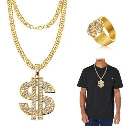 CHEVVY Goldene Dollar- Kette Hip Hop 80er Hop Rapper Zubehör Ring Gangster Retro 70er, 80er, 90er Jahre Fasching Accessoires Mottoparty von CHEVVY