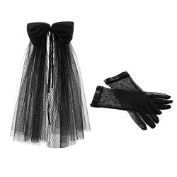 CHIC DIARY Brautschleier Schleier Tüll mit Schleife + Schwarz Spitze Handschuhe Hochzeit Halloween Fasching Kostüm Accessories von CHIC DIARY