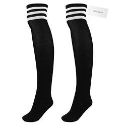 CHIC DIARY Damen Mädchen Kinder Strümpfe Overknee Kniestrümpfe gestreifte Sportsocken College Socks Baumwollstrümpfe, Weiß Streifen auf Schwarz, Einheitsgröße von CHIC DIARY