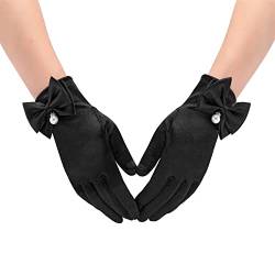 CHIC DIARY Damen Satin Handschuhe Schwarz Festlich Kurz Brauthandschuh mit Schleife Hochzeit Fasching Party Kostüm Accessoire von CHIC DIARY