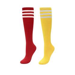 CHIC DIARY Kniestrümpfe Damen Mädchen Fußball Sport Socken College Cheerleader Kostüm Strümpfe Cosplay Streifen Strumpf, 2 Paar(rot+gelb), Einheitsgröße von CHIC DIARY