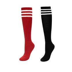 CHIC DIARY Kniestrümpfe Damen Mädchen Fußball Sport Socken College Cheerleader Kostüm Strümpfe Cosplay Streifen Strumpf, 2 Paar(rot+schwarz), Einheitsgröße von CHIC DIARY