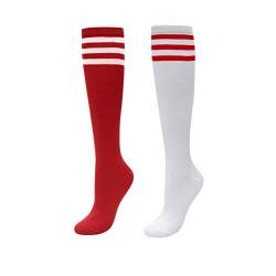 CHIC DIARY Kniestrümpfe Damen Mädchen Fußball Sport Socken College Cheerleader Kostüm Strümpfe Cosplay Streifen Strumpf, 2 Paar(rot+weiß Rot Streifen), Einheitsgröße von CHIC DIARY