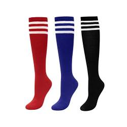 CHIC DIARY Kniestrümpfe Damen Mädchen Fußball Sport Socken College Cheerleader Kostüm Strümpfe Cosplay Streifen Strumpf, 3 Paar(rot+blau+schwarz), Einheitsgröße von CHIC DIARY