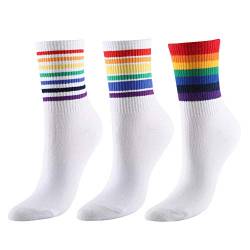 CHIC DIARY Regenbogen Streifen Socken Damen Rainbow Bunte Gestreifte Strümpfe Sportsocken Fun-Socken Fasching Karneval Kostüm,3 paar (Weiß),Schuhgröße 34-39 von CHIC DIARY