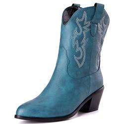 CHICMARK Damen Kurze Schaft Western Cowboystiefel mit Spitzen Zehen- und Blockabsätzen (Blau, 39) von CHICMARK