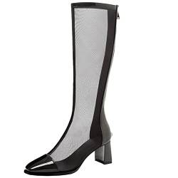 CHICMARK Sommer Kühl Atmungsaktive Mesh Knöchel/Knie High Stiefel mit Blockabsätzen und Rückenreißverschlüssen für Damen (Schwarz, 38) von CHICMARK