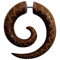 CHICNET Damen Herren Fake Piercing Lobe Dehner Dehnschnecke Dehnspirale Zacken Spirale aus Holz in rotbraun mit Edelstahl Bügel Steckverschluss von CHICNET