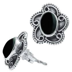 CHICNET Ohrstecker schwarz Stein Onyx oval- silber Rand Blume verschnörkelt Ohrringe 925er Sterlingsilber von CHICNET