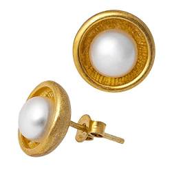CHICNET Ohrstecker vergoldet Perle 925er Silber Kelch Rillen gebürstet 12 mm Goldschmiedearbeit von CHICNET