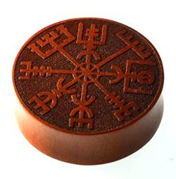 CHICNET Plug Flesh Tunnel Ohr Piercing rot braun Holz mit Gravur Inlay, double flared Wikinger Kompass Runen Viking Vegvisir Tribal Celtic Dehner 6mm-30mm 12 mm von CHICNET