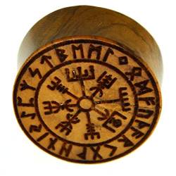 Flesh Holz Plug Vegvisir Viking Wikinger Kompass mit Runen Ring, double flared Tunnel Expander Dehner aus Teakholz in braun, Lobes Piercing mit Laser Gravur für Damen und Herren,10mm - 20mm 06 mm von CHICNET