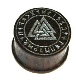 Flesh Holz Plug Viking Wikinger Valknut Wotansknoten mit Runen, ribbed Expander Dehner Sonoholz braun, Ohr Piercing mit Laser Gravur silber 10mm - 14mm 08 mm von CHICNET