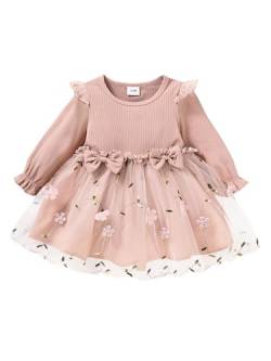 CHICTRY Baby Mädchen Strickkleid Rüschen Langarm Partykleid Hochzeit Taufe Kleider Mit Schleife Und Blumenspitze Tüll Schicht Prinzessin Geburtstag Outfit Rosa 62-68 von CHICTRY