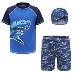 CHICTRY Badeanzug Kinder UV Schutz Jungen Mädchen 3tlg Badebekleidung Kurzarm Rash Guard Shirt Motiv + Hawaii Badeshorts + Badekappe Sommer Beachwear Shark Print 140-146 von CHICTRY