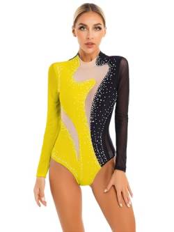 CHICTRY Ballettanzug Damen Langarm Stehkragen Ballett Body Strass Glitzer Trikot Mesh Patchwork Leotard Mit Cut Out Eiskunstlauf Anzug Tanzkostüm Schwarz Gelb M von CHICTRY