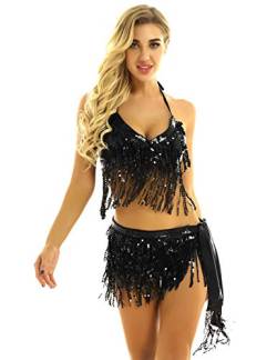 CHICTRY Bauchtanz Kostüm Damen Quaste BH Pailletten Oberteil & Fransen Rock Gürtel Hüfttuch Belly Dance Outfit Karneval Fasching Indian Tanzkleidung Schwarz One Size von CHICTRY