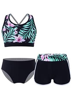 CHICTRY Bikini Mit Shorts Mädchen Set Tankini Oberteil Hotpants Badeshorts 3tlg Hawaii Badeanzug Crossover Sport BH Bikini Hose Stretch Shorts Schwimmkleidung Motiv Schwarz 146-152 von CHICTRY