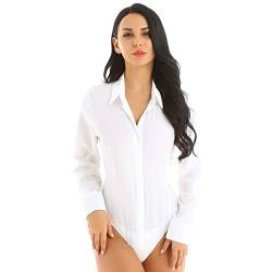 CHICTRY Damen Bodybluse Tailliert Langarm Bluse Hemdbluse Blusenbody Elagant Reverskragen Hemd Button Down Slim Fit Business Büro Bodysuit Stretch Weiß M von CHICTRY